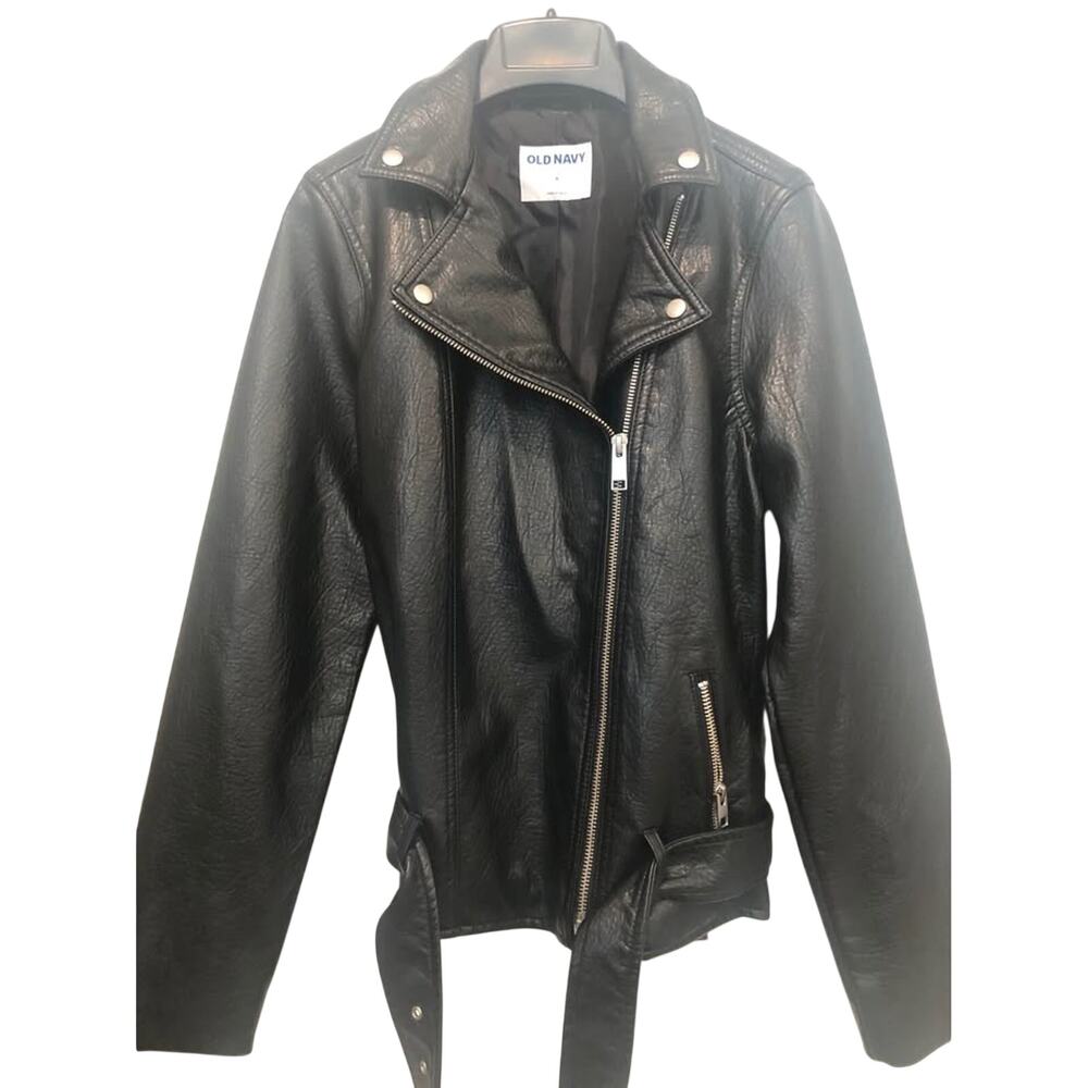 Old Navy Black Faux Leather Belted Biker Moto Jacket - Women’s Small